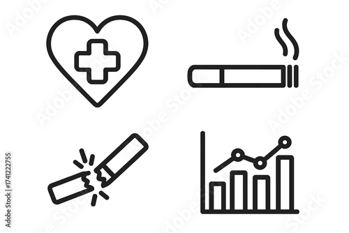 Health and nicotine icon set vector. Smoking and quitting concept. Broken cigarette for stop smoking. Medical heart symbol. Tobacco addiction danger and health risk chart.