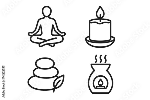 Relaxation meditation spa icon set vector collection. Yoga lotus pose, zen stones, aromatherapy oil diffuser, and candle flame symbols. Wellness and mindfulness line art graphics.