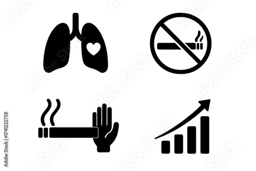 No smoking icon set vector. Quit smoking concept with lung health, nicotine addiction forbidden sign. Stop smoking campaign symbols. Unhealthy habit and health warning graphics.