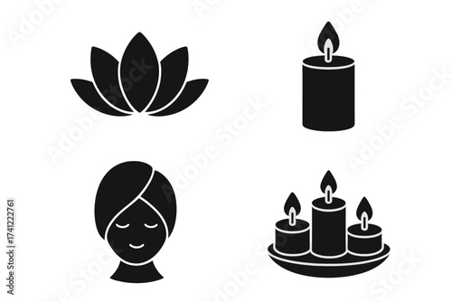 Spa and relaxation glyph icon set. Wellness, beauty treatment concept. Lotus flower, aromatherapy candles, and facial mask vector symbols. Meditation and zen silhouette.