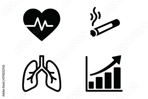 Vector icon set illustrating health risks of smoking. Includes heart, lungs, cigarette, and growth chart icons. Concepts of nicotine addiction, disease, cancer, and health statistics.