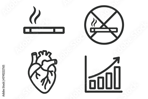 Smoking health risks icon set. Nicotine addiction danger. No smoking sign, cigarette, human heart disease and statistics chart. Vector for anti-tobacco or cardiology concept.