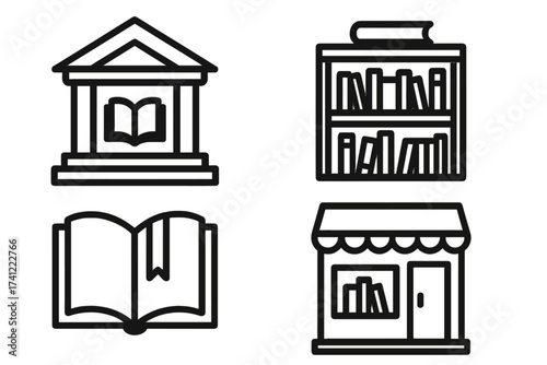 Library and bookstore line icon set. Vector symbols for education, reading and knowledge. Includes university building, bookshelf, open book with bookmark and bookshop front.