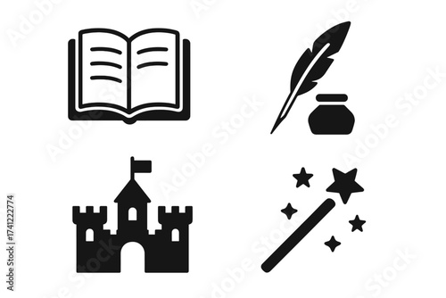 Fairy tale icon set. Storytelling glyph collection. Vector icons of open book, quill and ink, fantasy castle and magic wand. Writer, literature, history and magic symbols.
