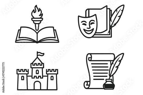 History and literature icon set. Storytelling, theater, poetry symbols. Vector line art of castle, scroll with quill, book, torch, mask. Education, knowledge, arts concept.