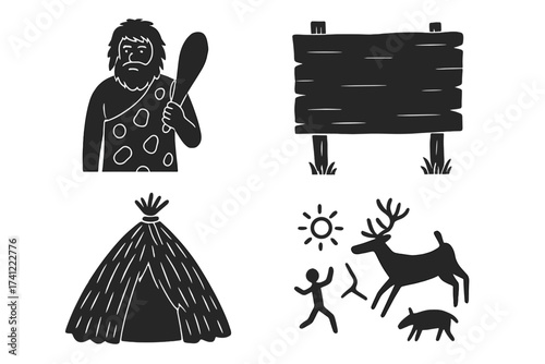 Set of prehistoric icons. Caveman with club, primitive hut, wooden sign and rock art. Stone Age vector illustration collection. Ancient history, evolution and anthropology concept.