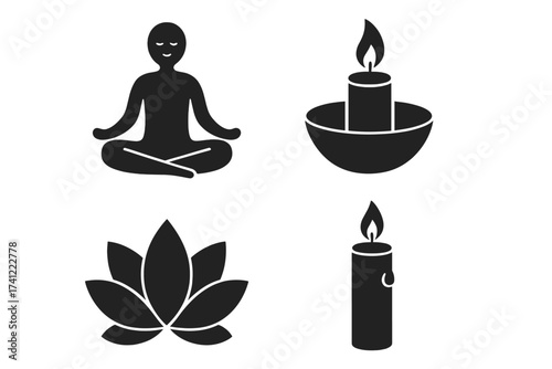 Relaxation and meditation vector icon set. Person in lotus yoga pose, candle flame light, and lily flower symbols. Mindfulness, wellness, spiritual balance concept graphic design.