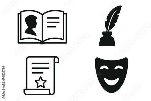 Storytelling icon set. Literature, writing and theater symbols. Biography book, quill pen, drama mask, and diploma scroll. Author, poetry, history and performance concept.