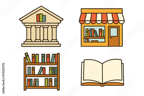 Bookstore and library icon set. Vector illustration of book shop, university building, bookshelf and open book. Concept for education, learning, knowledge, literature, study.