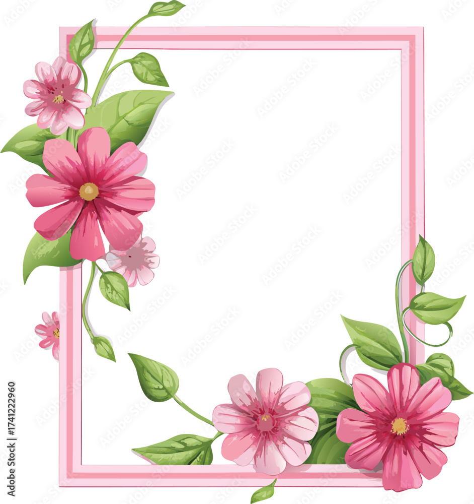 Fototapeta premium Pink flowers and green leaves frame with pink border