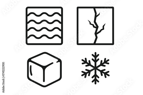 Frozen icon set vector. Ice cube, snowflake, water texture, cracked surface symbols. Cold weather, winter season, freezing temperature, frost, liquid outline pictogram collection.