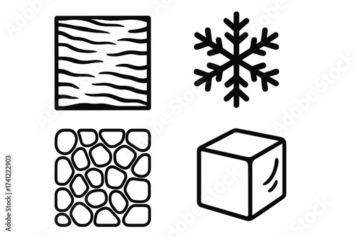 Vector icon set with frozen and texture symbols. Snowflake, ice cube, wood grain, and cobblestone pattern. Cold weather and material surface collection for graphic design.