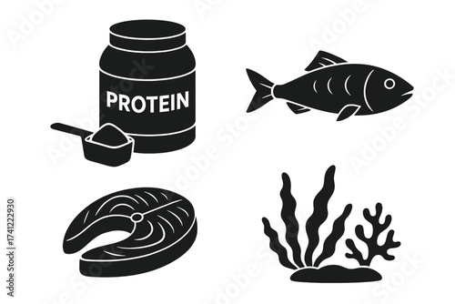 Protein food sources icon set. Vector illustration of fish, salmon steak, seafood, seaweed, algae. Whey powder supplement for fitness, bodybuilding, sport nutrition, healthy diet.