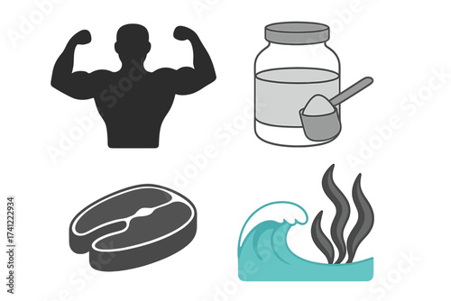 Protein sources vector icon set for bodybuilding and fitness. Nutrition concept with whey supplement, fish steak, muscle man silhouette, and seaweed. For gym and healthy diet.