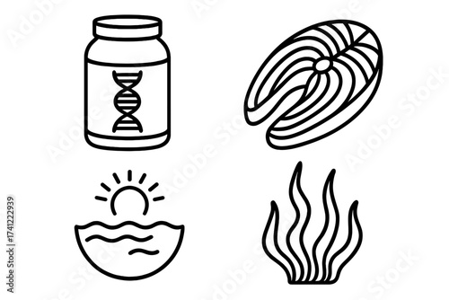 Protein and sea icon set vector illustration. Salmon steak, DNA supplements, seaweed, and ocean. Healthy food, nutrition, fishery, marine life, omega 3, and genetics concept.