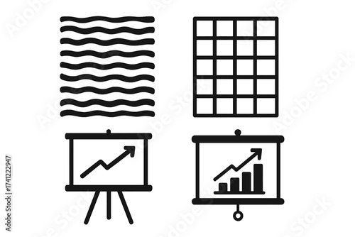 Business presentation icon set with growth chart and data graph. Vector collection including flip chart, projector screen, grid pattern and wave texture for analysis reports.