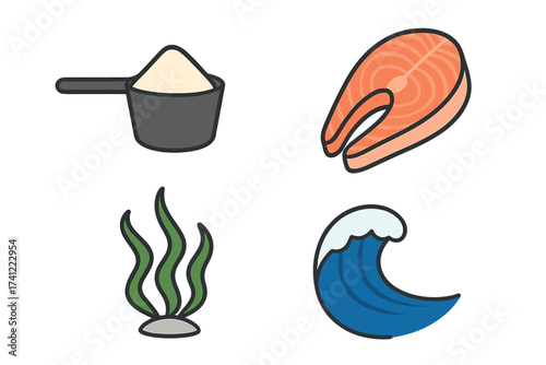 Protein sources icon set. Vector illustration of salmon steak, whey powder scoop, seaweed and sea wave. Nutrition, food supplement, healthy seafood and fitness concept.