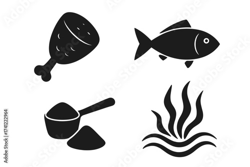 Protein sources vector icon set. Meat, fish, seafood, protein powder supplement, and seaweed symbols. Nutrition, diet, healthy food concept for fitness and bodybuilding design.