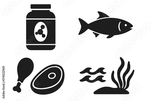 Protein sources icon set vector. Food and supplements icons. Fish, meat, chicken leg, steak and whey protein bottle. Seaweed and sea waves. Healthy diet and nutrition symbol.