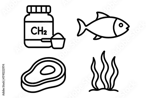 Protein sources line icon set vector. Raw fish, beef steak, seaweed, and whey supplement powder illustration. Food, nutrition, diet, and bodybuilding concept symbols.