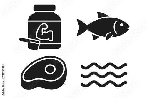 Protein sources glyph icon set. Vector illustration of nutrition symbols. Includes fish, meat steak, whey supplement, sea. Bodybuilding fitness diet concept. Food for muscle gain.