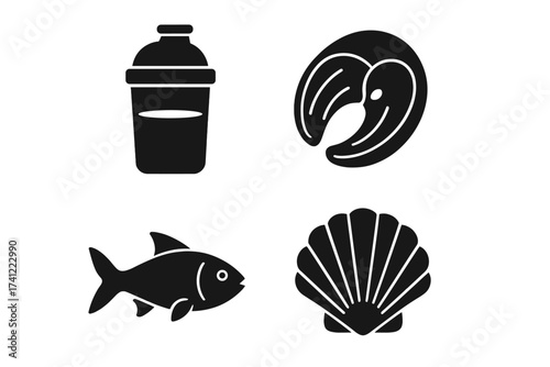 Protein sources and seafood glyph icon set. Fitness nutrition, healthy eating concepts. Bodybuilding supplement shaker, salmon steak, fish and scallop shell symbols vector.