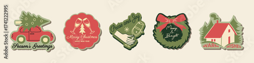 Vintage Christmas logo set. Hand drawn New Year lettering and holiday doodle design. Festive typographic template for greeting cards, posters, invitations, and cozy winter decor. Vector illustration.