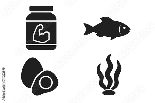 Vector protein sources icon set. Bodybuilding supplement, fish, egg, seaweed glyphs. Healthy food nutrition concept. Fitness diet symbols. Muscle gain, wellness, seafood icons.