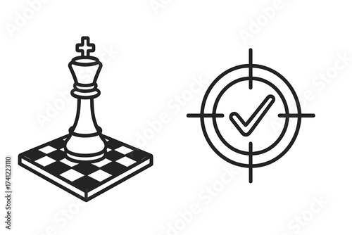 Vector chess king on board and target with checkmark icon set. Business strategy, checkmate, and success concept. Game of chess metaphor for achieving goals and victory.