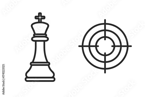 Vector illustration of checkmate. Chess king and target icon set. Business strategy, goal, objective, and focus concept. Leadership and winning metaphor. Thin line logo.