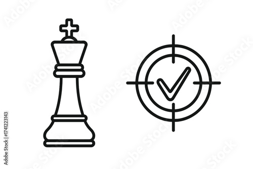 Vector illustration chess king with target checkmark. Business strategy success, goal achievement. Leadership, victory, checkmate. Solution, mission accomplished concept.