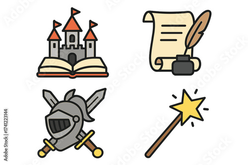 Fantasy tale icon set. Storytelling symbols. Castle on book, magic wand, knight helmet, scroll with quill. Vector for adventure, medieval history, games, and literature logo.