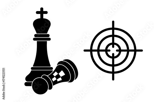 Checkmate vector illustration with chess king over fallen piece and a target icon. Concept for business strategy, reaching goals, success, victory, competition, and aim.