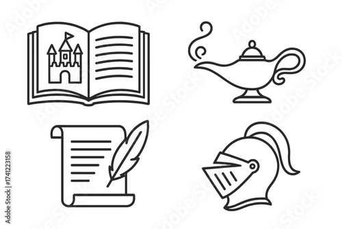 Fairy tale and history icon set. Vector line art symbols for storytelling. Magic lamp, fantasy castle in book, knight helmet, scroll with quill. Legend and myth concepts.