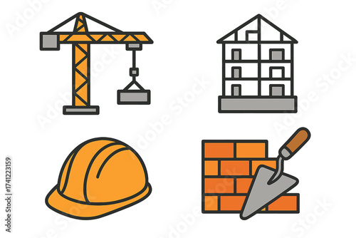 Construction icon set. Building industry concepts. Vector graphic elements of a tower crane, house frame, safety helmet, brick wall, and trowel. Real estate development symbol.