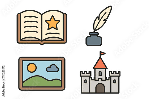 Fairy tale icon set vector illustration. Storybook, magic, writing, history, fantasy concepts. Open book with star, quill pen, inkwell, landscape picture, and fantasy castle icons.