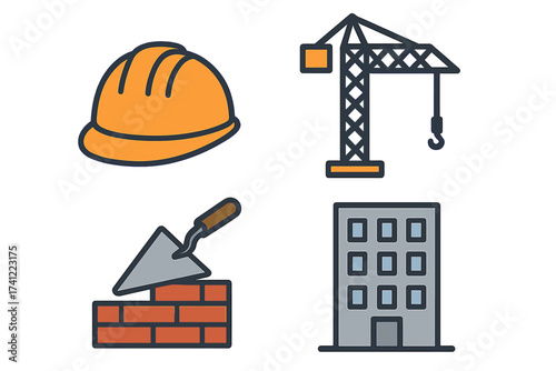 Construction icons set. Building industry symbols. Vector illustration collection. Hard hat, safety helmet. Tower crane, hoist. Bricklaying, trowel, masonry. Architecture.