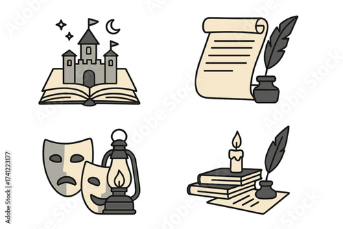Vector collection of literature and storytelling icons. Fairytale castle from magic book, writer scroll, quill pen, inkwell, theater masks, candle. Concepts for history, poetry.