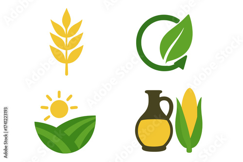 Set of agriculture and ecology logos. Vector icons for farming, organic food, and harvest. Includes wheat, corn, oil jug, and sustainable bio recycle symbol illustration.