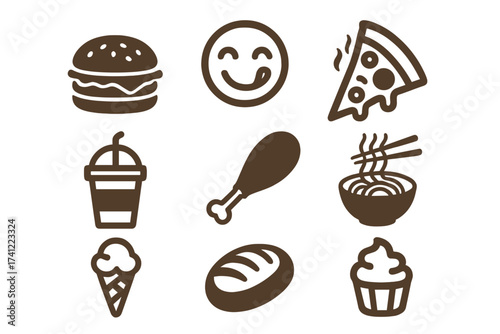 Set of food icons. Fast food vector illustration collection. Burger, pizza, noodles, chicken and dessert symbols for restaurant menu, logo design or mobile app interface.