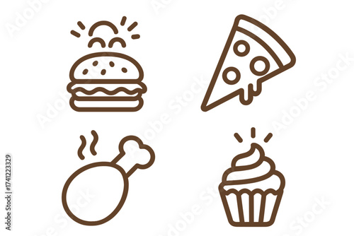 Collection of fast food line icons. Vector logo templates for restaurant, cafe. Burger, pizza slice, fried chicken drumstick and sweet cupcake dessert yummy symbols set.