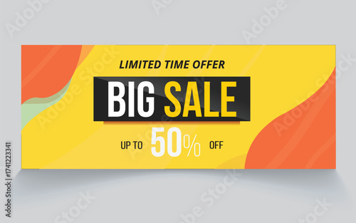 Limited time offer banner with bold yellow and orange abstract design featuring BIG SALE text and 50% OFF promotion. Perfect for e-commerce, social media campaigns, website headers, and digital market