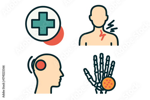 Medical and pain icon collection. Vector illustrations of health care symbols. Body ache icons for headache, neck pain, sore throat, and joint pain like arthritis in the hand.