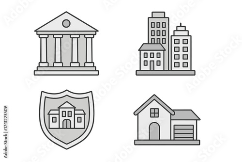 Vector icon set of municipal buildings and real estate property. Line art symbols for bank, university, city apartments, and residential home. Graphic for finance, law and insurance.