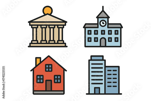 Building icon set vector illustration. Real estate and municipal buildings. City life symbols. Bank, courthouse, school, university, house, home, office, skyscraper flat icons.