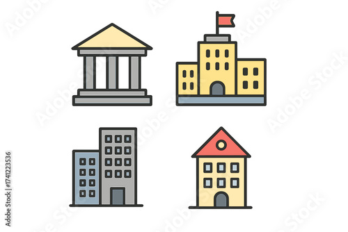 Vector building icons set. Municipal government, bank, courthouse. School, university campus. City center architecture. Modern office, residential house. Real estate symbols.
