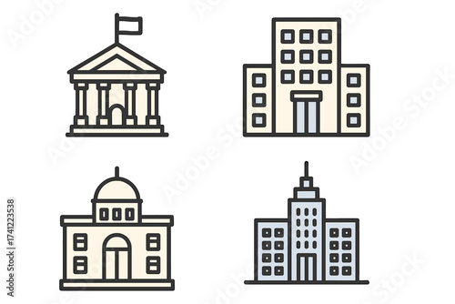 Set of building line icons. Government, university, office and city hall. Urban architecture symbols. Courthouse, bank, skyscraper, municipal center vector illustration collection.