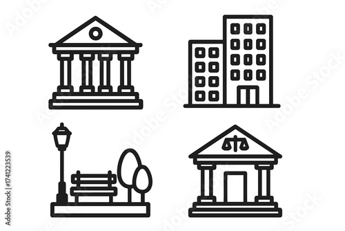 City life line icon set. Municipal and government buildings vector collection. Courthouse, bank, office center, and city park symbols. Law, justice, finance and urban life concepts.