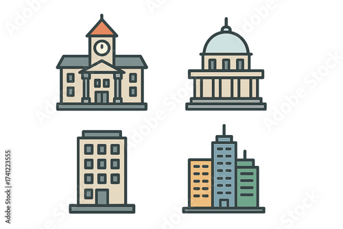 Building icon set. Government, municipal, and city architecture collection. Vector illustration of courthouse, town hall, office, and skyscraper symbols for urban design. Flat line art.