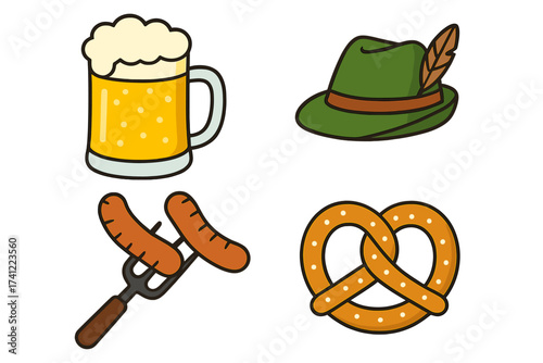 Oktoberfest icon set vector illustration. German beer festival elements. Beer mug, pretzel, sausage, and traditional Bavarian hat. Germany food and drink symbols for bar menu or party.